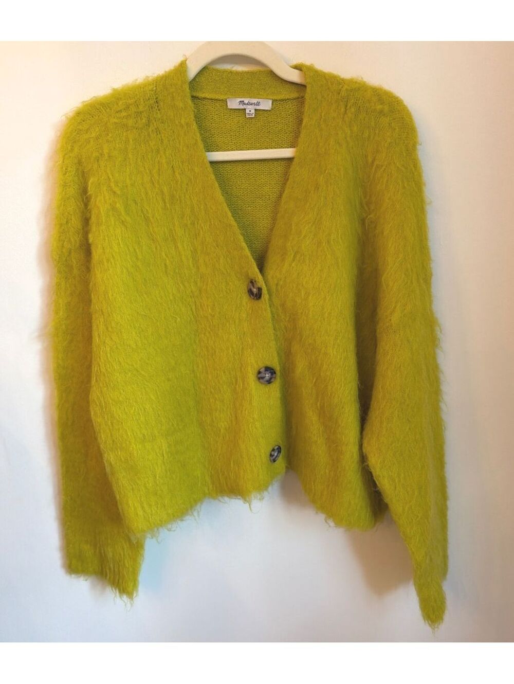 Madewell Women's Fuzzy Chartreuse Button-Up Cardigan Medium Wool Blend Cozy